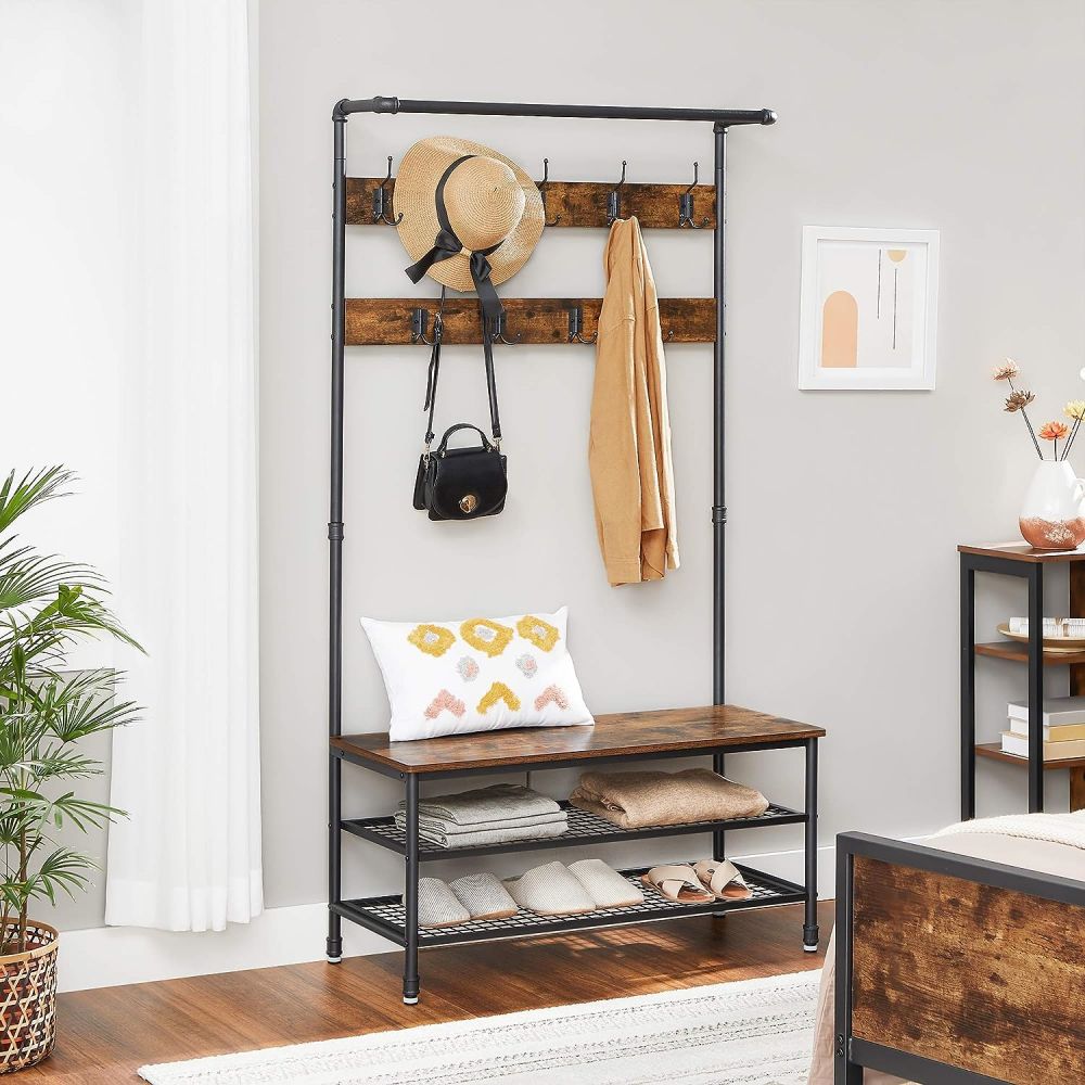 Porte-manteau d'arbre de couloir en bois avec banc