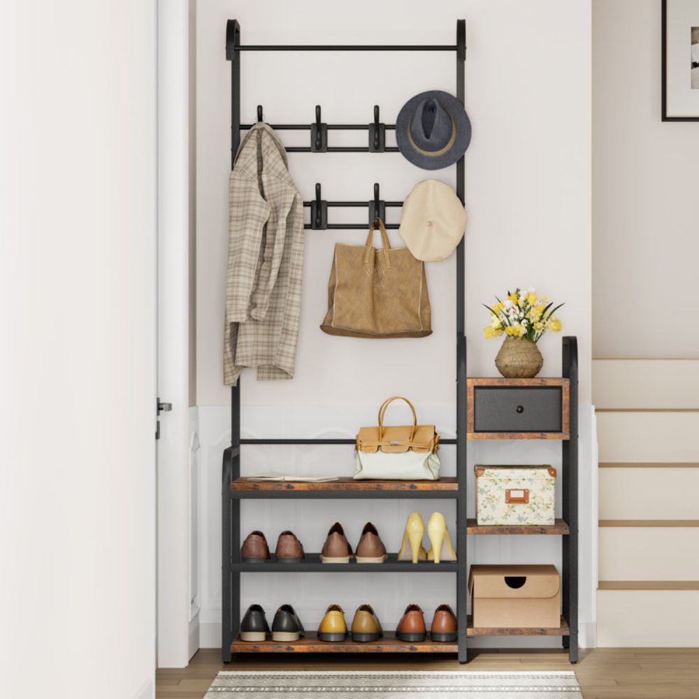 Wood Entry Hall Coat Tree Rack With Shoe Bench And Storage