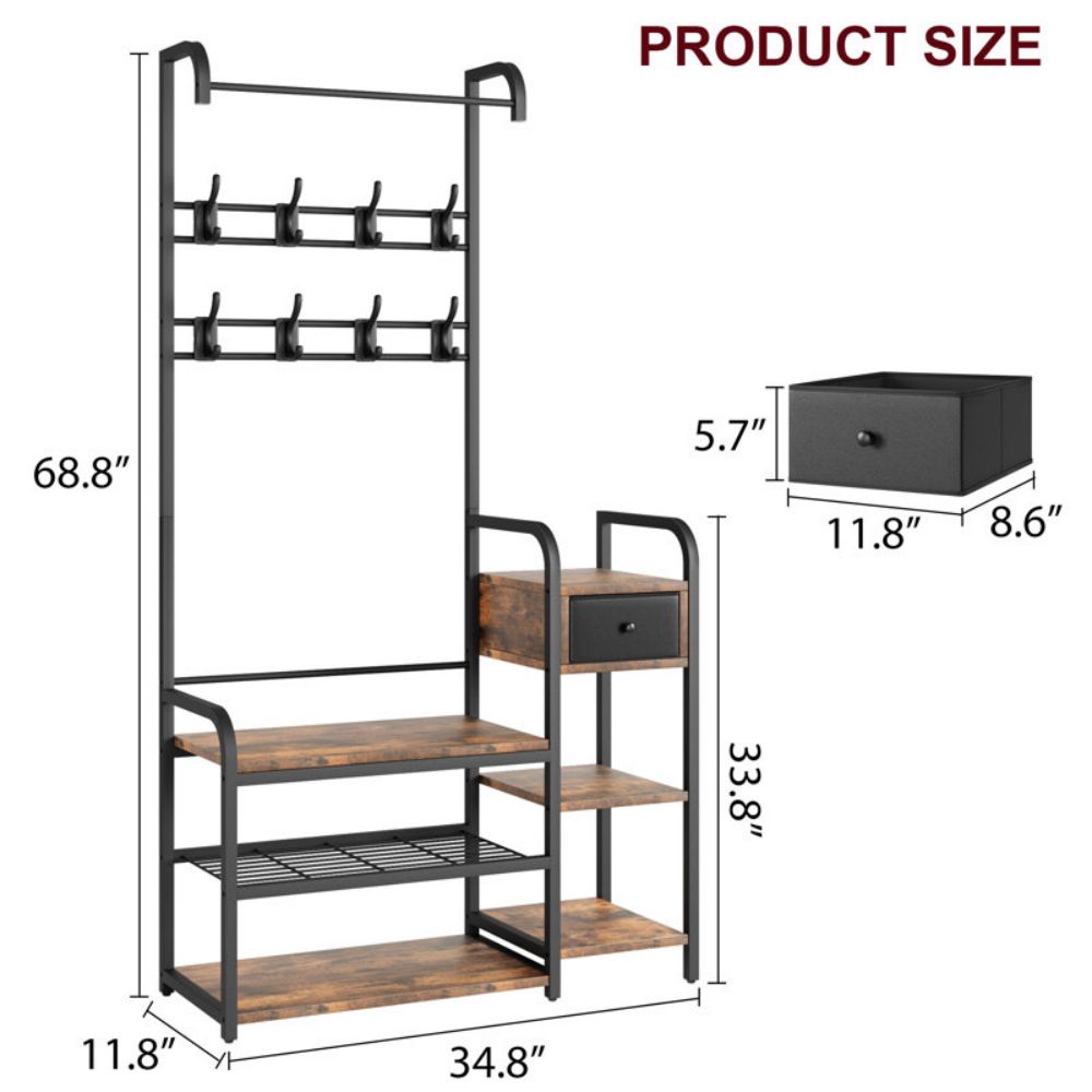 Wood Entry Hall Coat Tree Rack With Shoe Bench And Storage