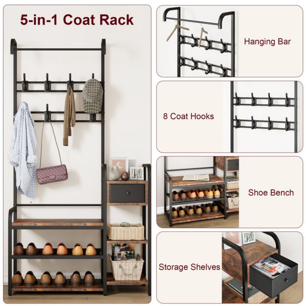 Wood Entry Hall Coat Tree Rack With Shoe Bench And Storage