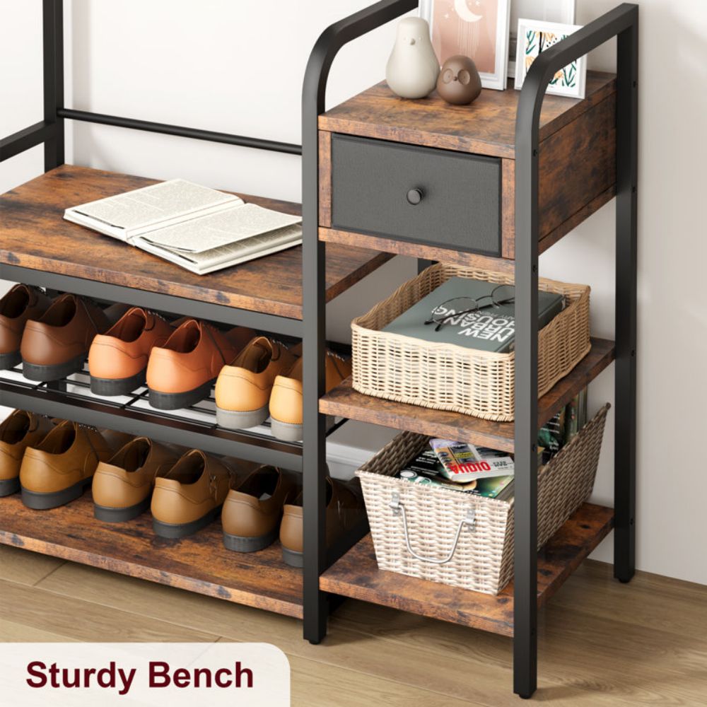 Wood Entry Hall Coat Tree Rack With Shoe Bench And Storage