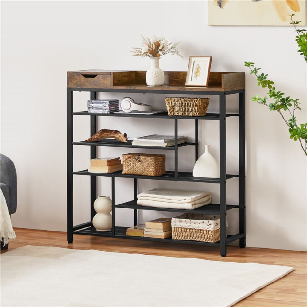 Malaking Simple Wooden Metal Modern Shoe Rack na May Shelf Para sa Entryway