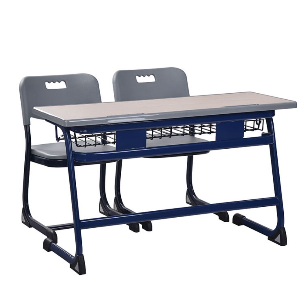 Wood And Metal University School Classroom Student Double Table And Chair Set