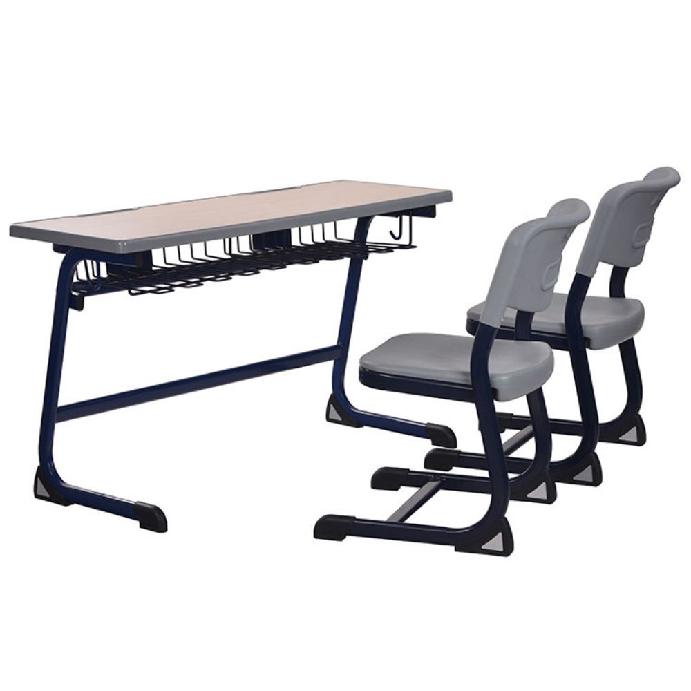 Wood And Metal University School Classroom Student Double Table And Chair Set