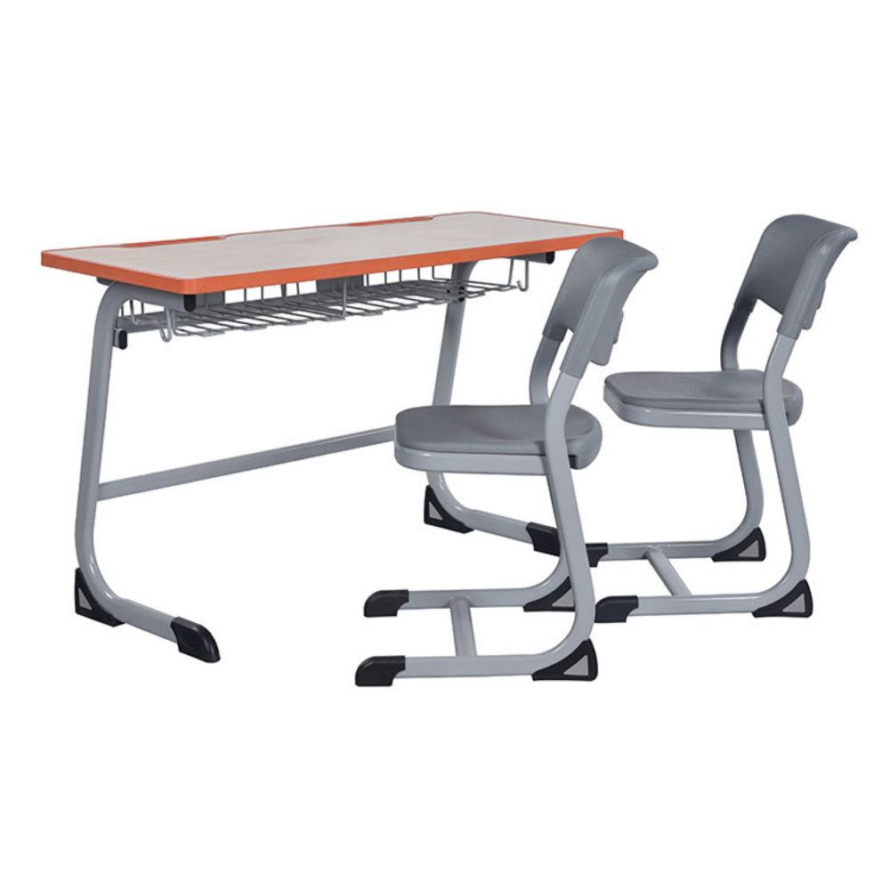 Wooden School Double Student Desk And Chair Set For Classroom