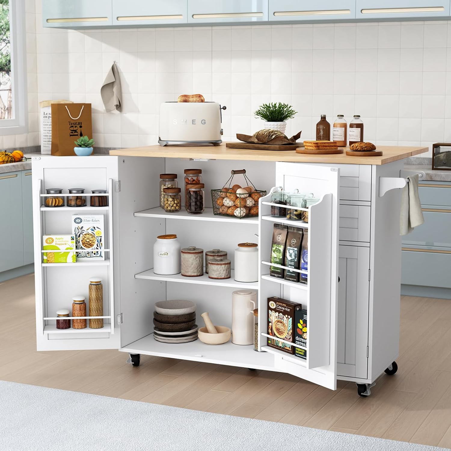 Modern Rolling Kitchen Island Cart with Folding Tabletop — Multi-Storage Cabinet with Drawers, Adjustable Shelves, and Towel Rack