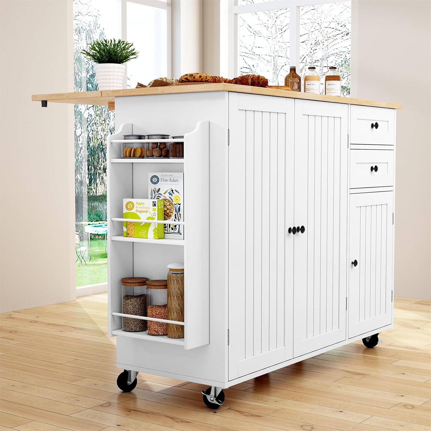 Modern Rolling Kitchen Island Cart with Folding Tabletop — Multi-Storage Cabinet with Drawers, Adjustable Shelves, and Towel Rack