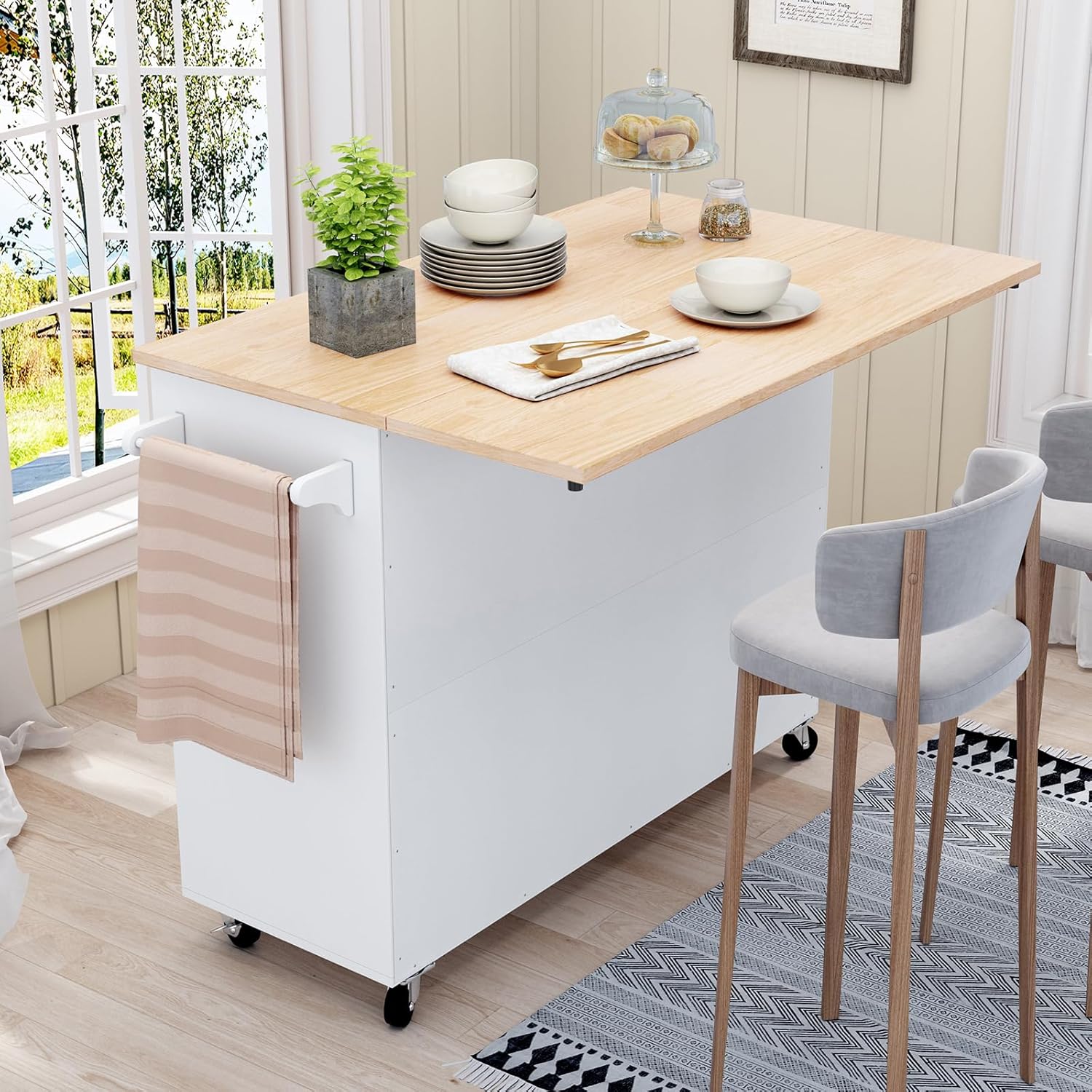 Modern Rolling Kitchen Island Cart with Folding Tabletop — Multi-Storage Cabinet with Drawers, Adjustable Shelves, and Towel Rack
