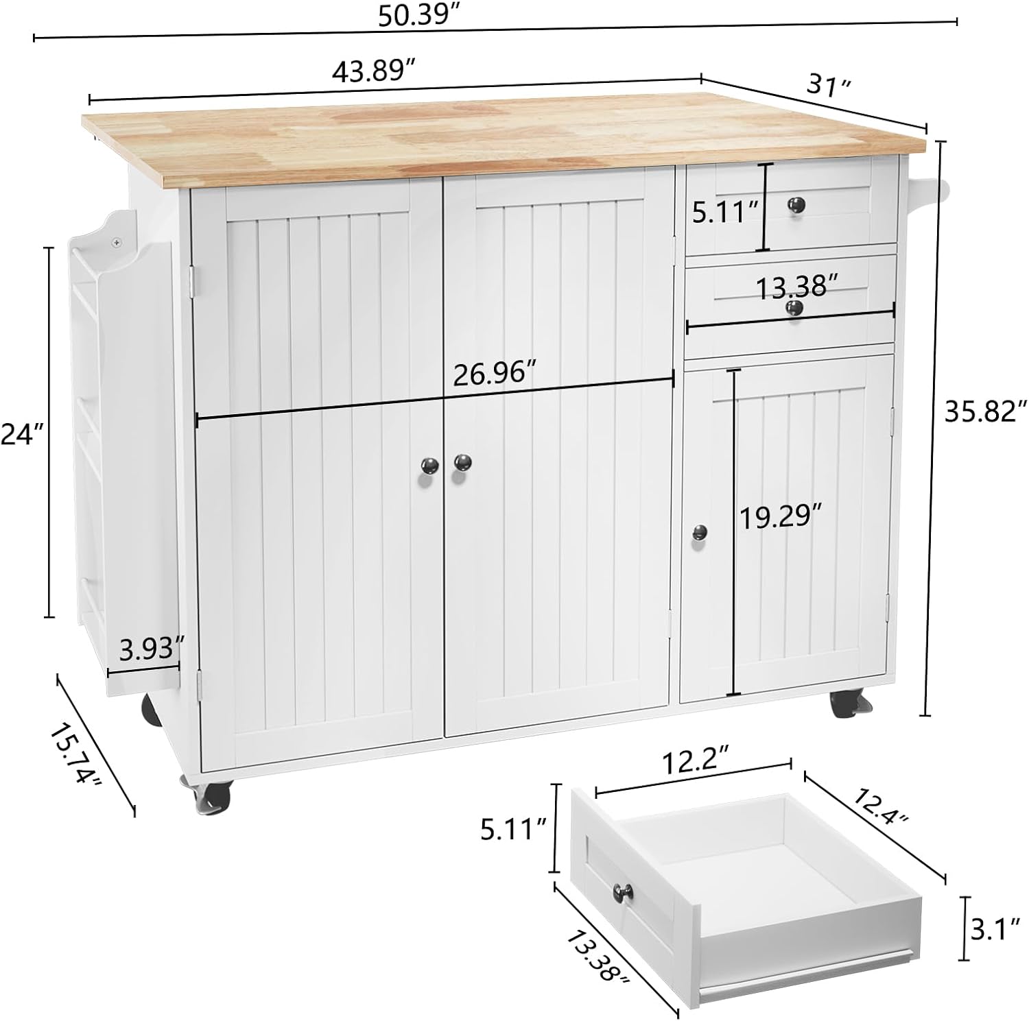 Modern Rolling Kitchen Island Cart with Folding Tabletop — Multi-Storage Cabinet with Drawers, Adjustable Shelves, and Towel Rack