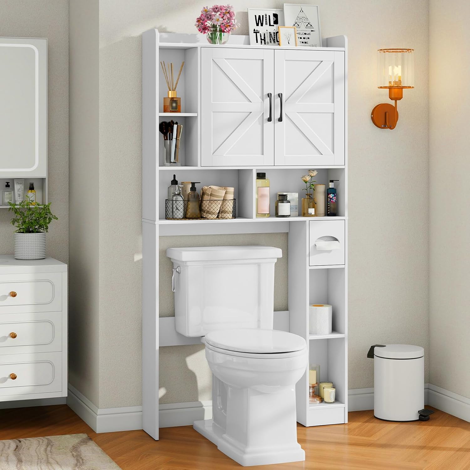 Over-The-Toilet Bathroom Storage Cabinet with Barn Doors – Stylish, Functional, and Customizable for Modern Homes