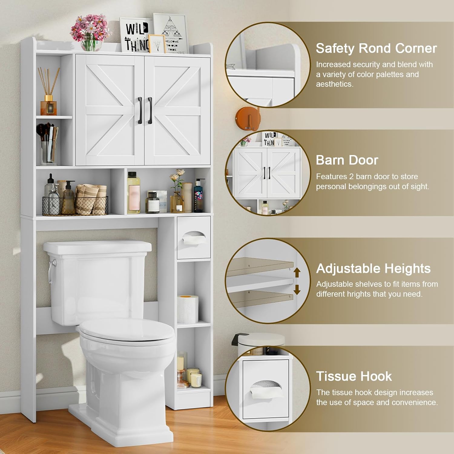 Over-The-Toilet Bathroom Storage Cabinet with Barn Doors – Stylish, Functional, and Customizable for Modern Homes