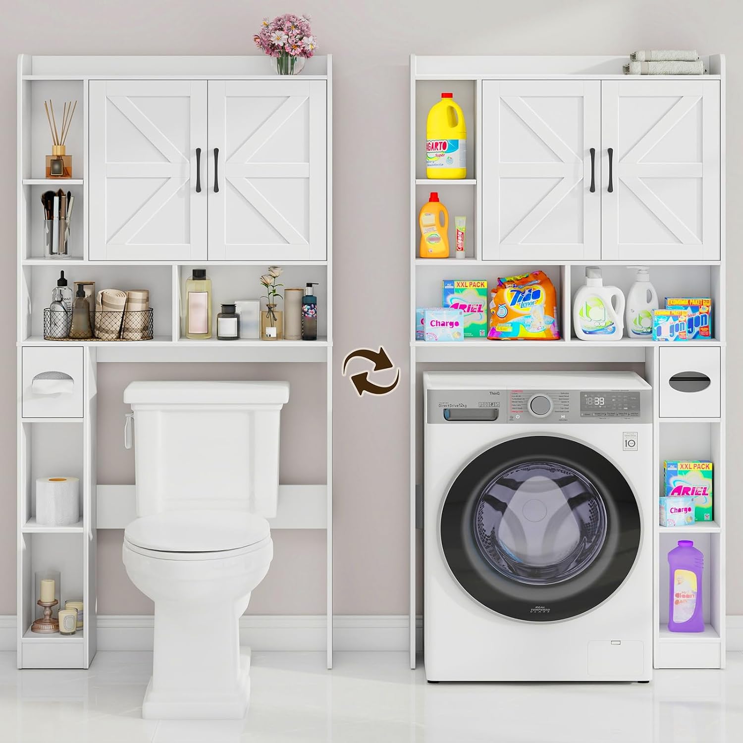 Over-The-Toilet Bathroom Storage Cabinet with Barn Doors – Stylish, Functional, and Customizable for Modern Homes