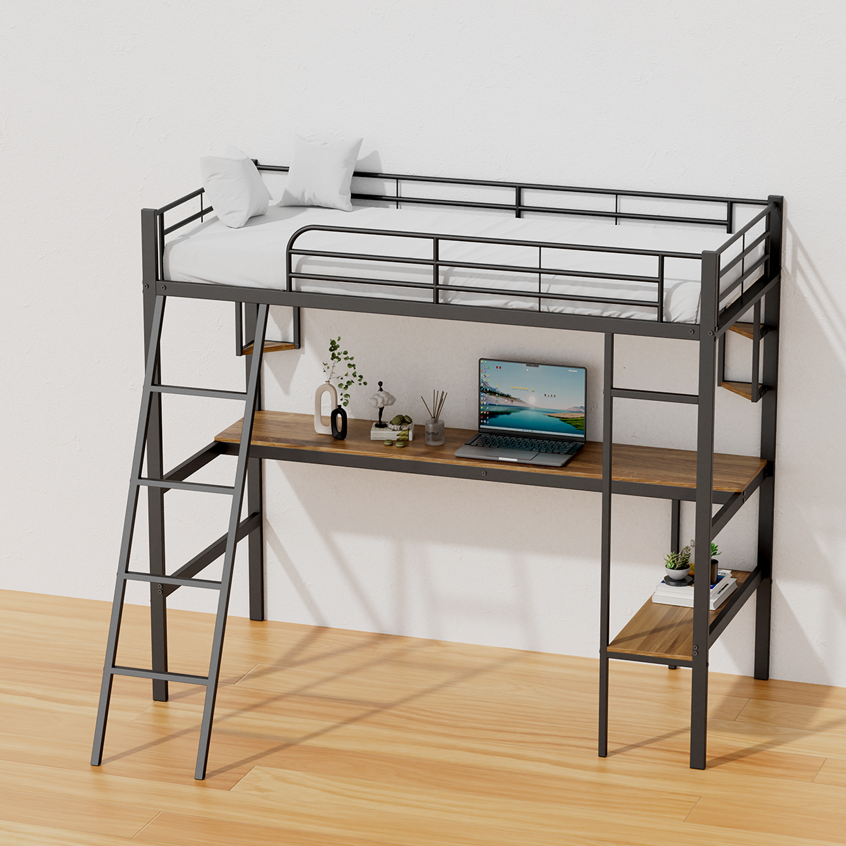 Giường gác xép bằng gỗ thép hiện đại có bàn làm việc và kệ tích hợp — Giường làm việc tiết kiệm không gian cho gia đình, ký túc xá và căn hộ