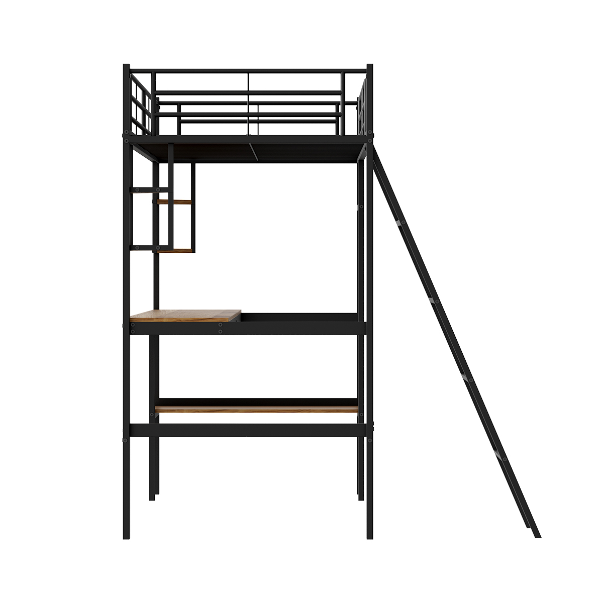 Modernes Stahl-Holz-Hochbett mit integriertem Schreibtisch und Regalen – platzsparendes Arbeitsplatzbett für Zuhause, Studentenwohnheim und Wohnung