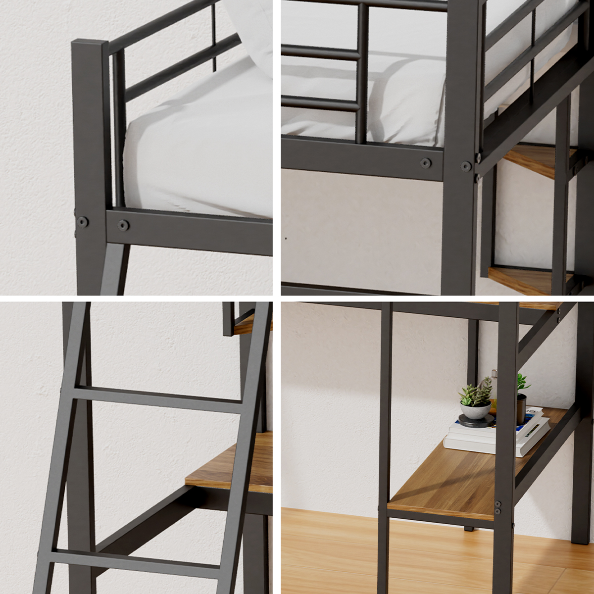 Modernes Stahl-Holz-Hochbett mit integriertem Schreibtisch und Regalen – platzsparendes Arbeitsplatzbett für Zuhause, Studentenwohnheim und Wohnung