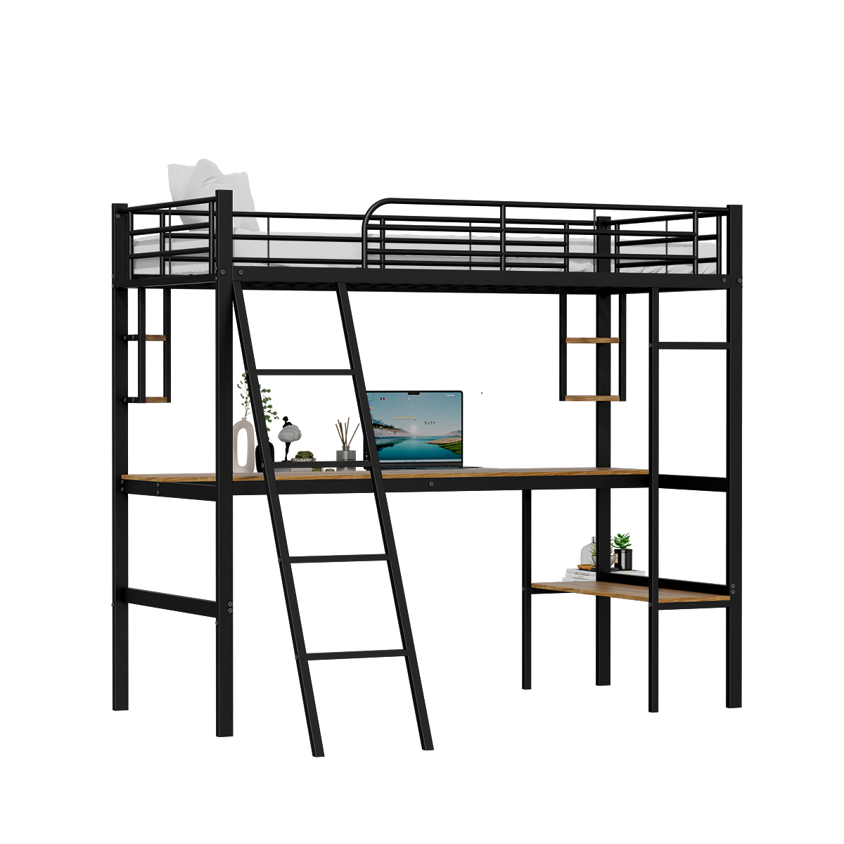 Modernes Stahl-Holz-Hochbett mit integriertem Schreibtisch und Regalen – platzsparendes Arbeitsplatzbett für Zuhause, Studentenwohnheim und Wohnung