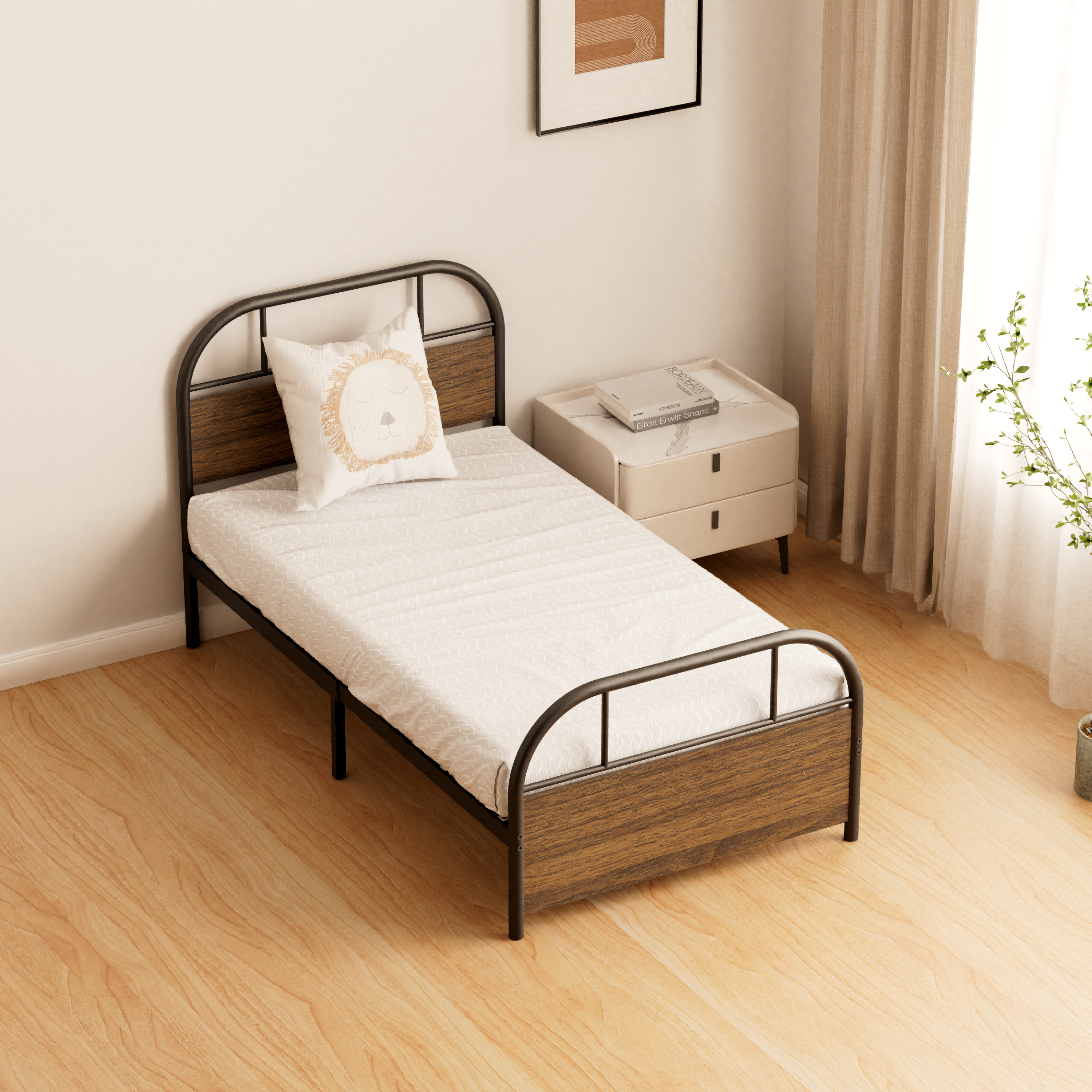 Modern Metal and Wood Single Bed Frame — Durable Steel Structure Bed for Hotels, Apartments, and Student Dormitories