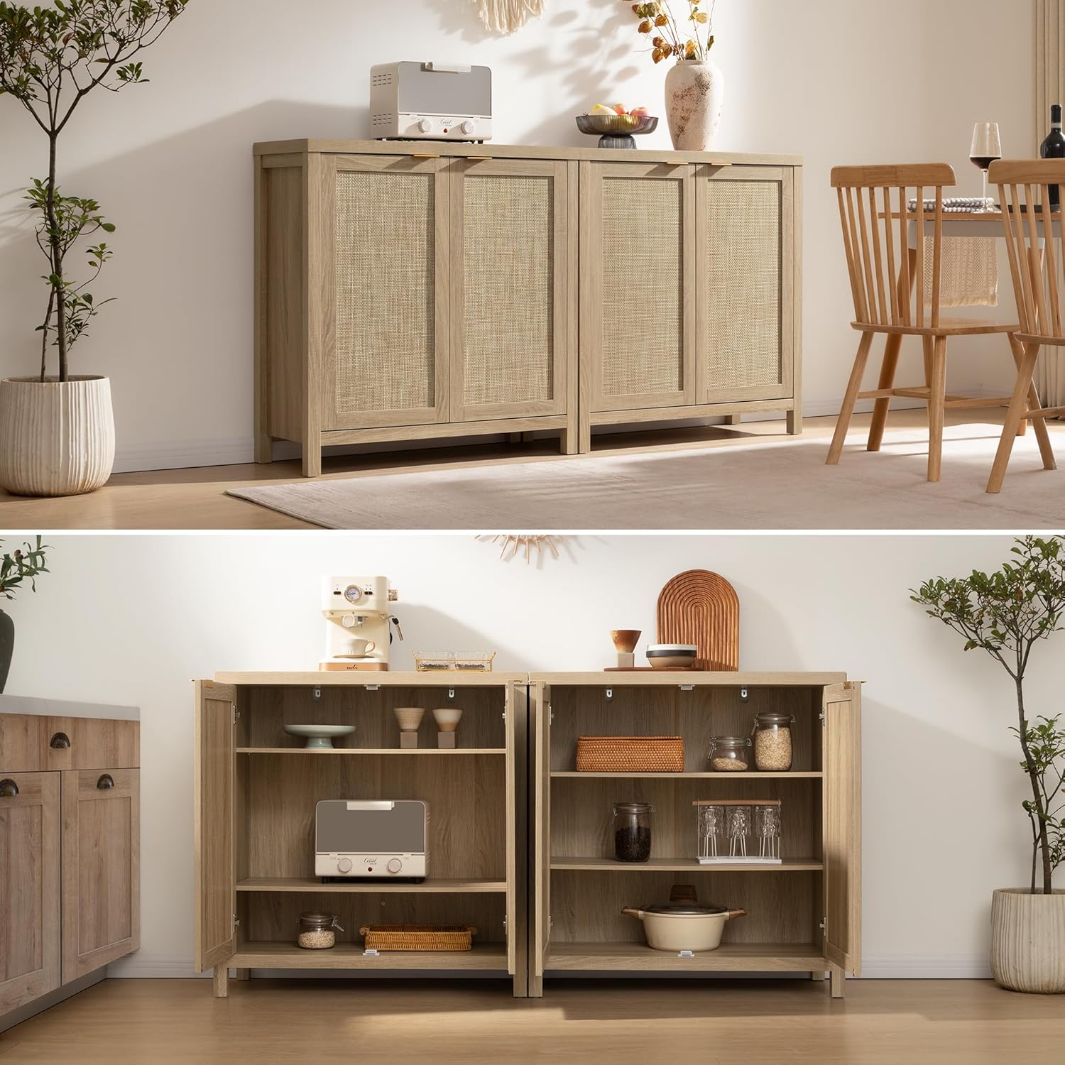 Modern Large-Capacity Sideboard Cabinet – Steel-Wood Structure, Rattan-Style Doors, Customizable for Global B2B Projects