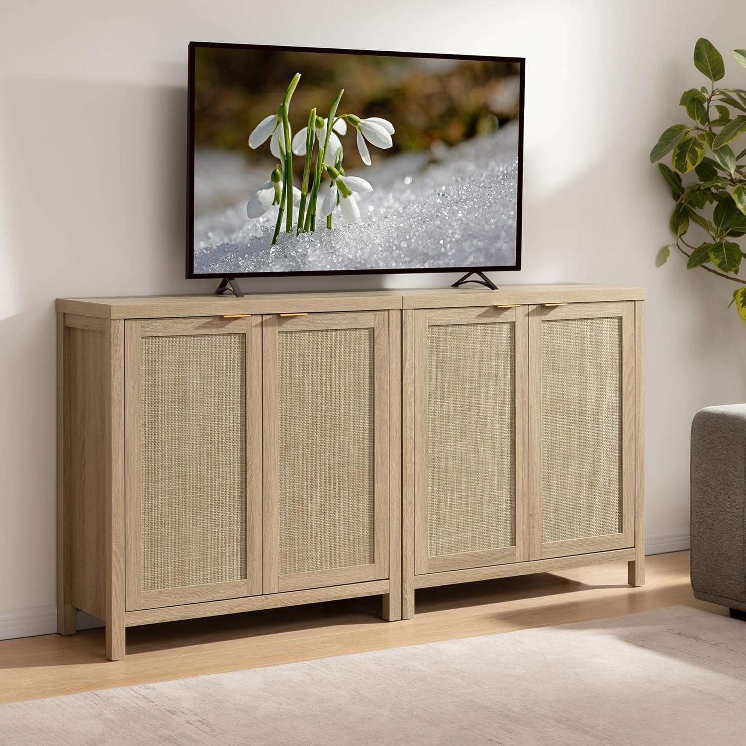 Modern Large-Capacity Sideboard Cabinet – Steel-Wood Structure, Rattan-Style Doors, Customizable for Global B2B Projects