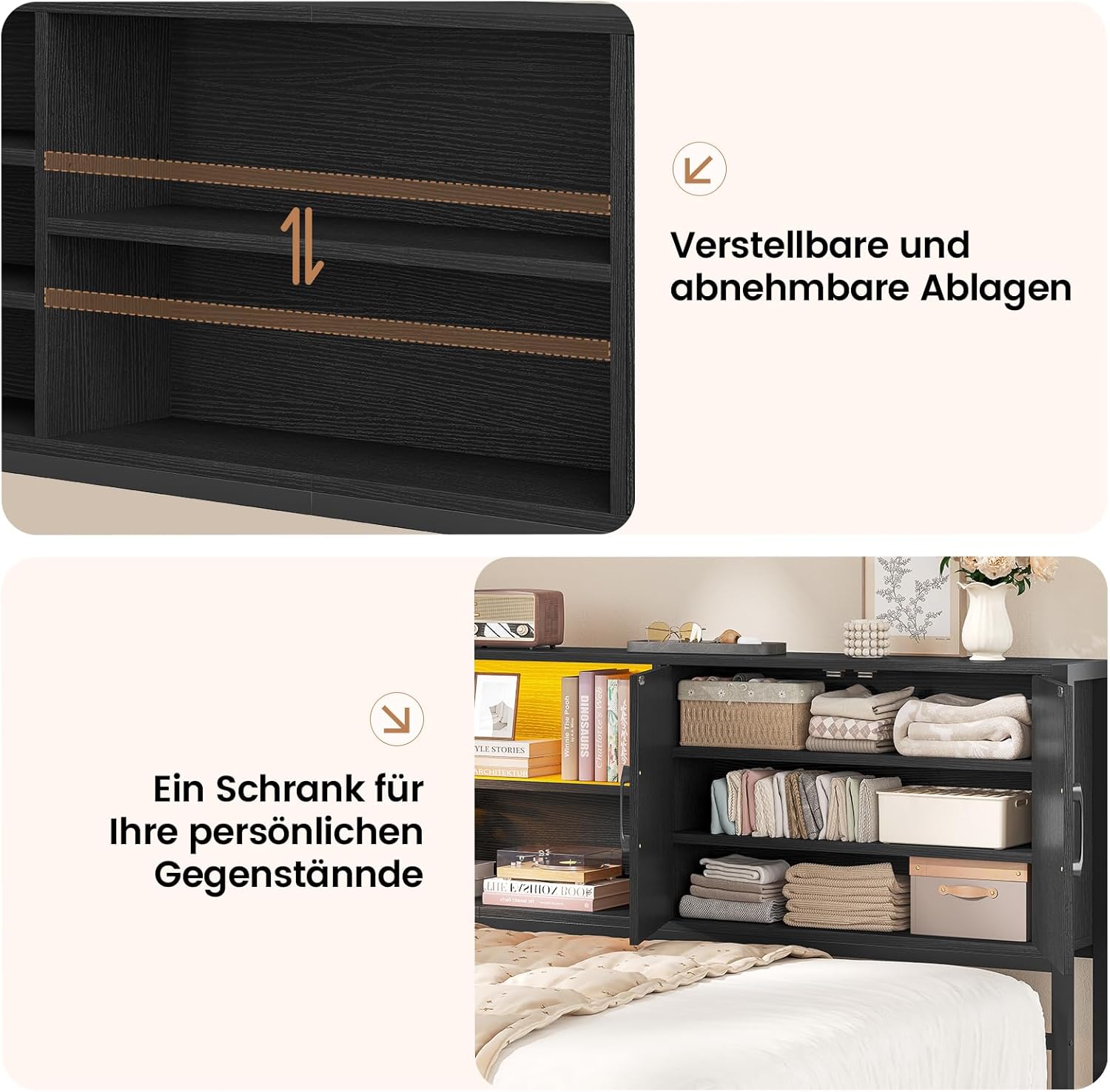 Multi-Functional LED Storage Bed Frame with Headboard Shelving & APP Smart Control — Modern Steel-Wood Structure for OEM/ODM Projects