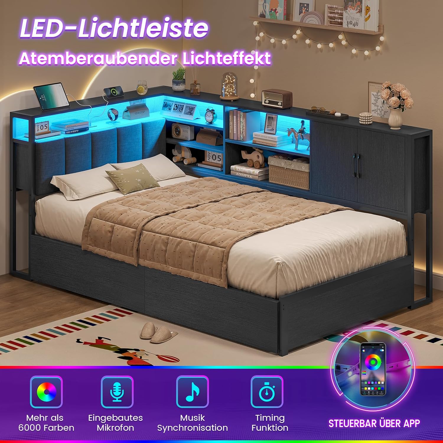 Multi-Functional LED Storage Bed Frame with Headboard Shelving & APP Smart Control — Modern Steel-Wood Structure for OEM/ODM Projects