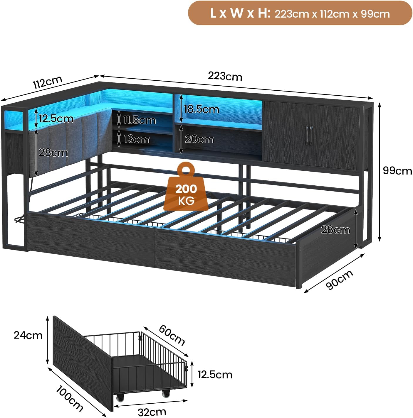 Multi-Functional LED Storage Bed Frame with Headboard Shelving & APP Smart Control — Modern Steel-Wood Structure for OEM/ODM Projects