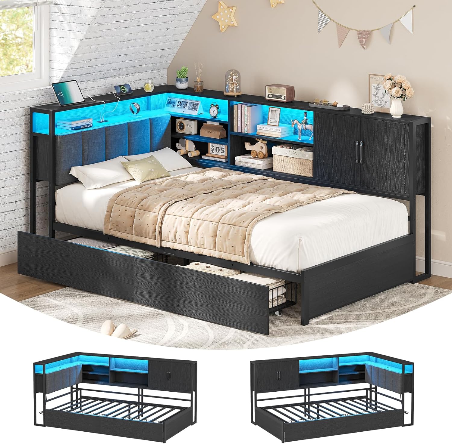 Multi-Functional LED Storage Bed Frame with Headboard Shelving & APP Smart Control — Modern Steel-Wood Structure for OEM/ODM Projects