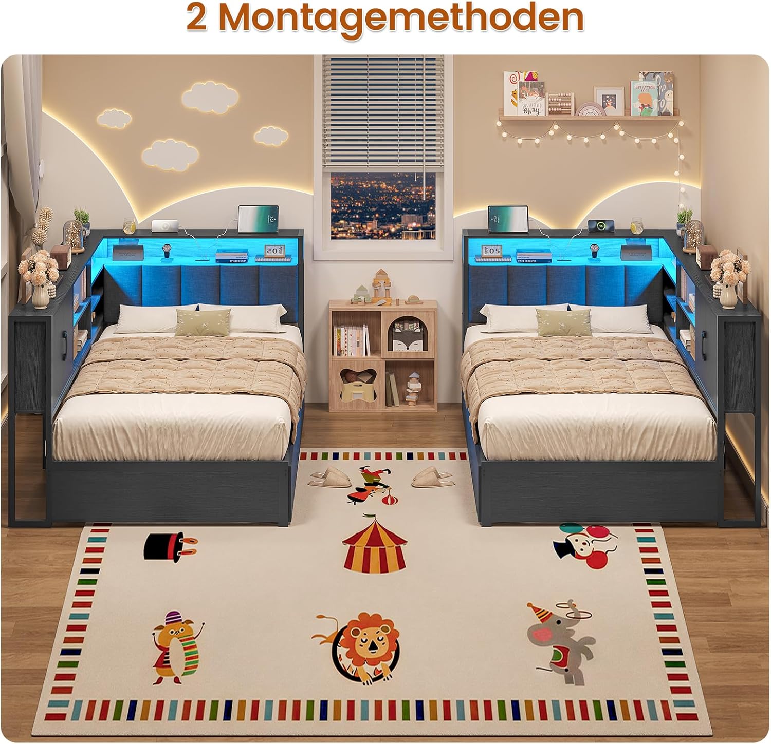 bed with storage shelves