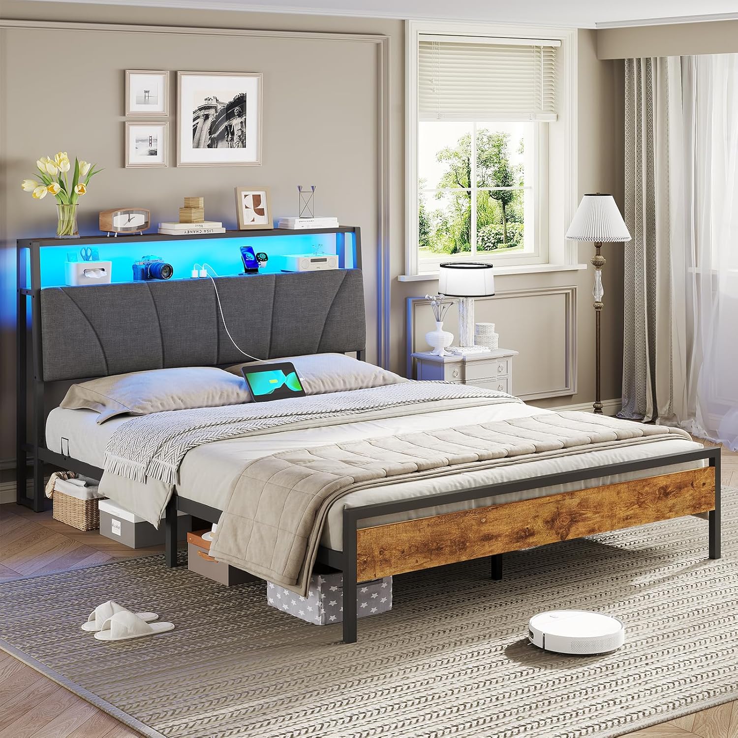 Heavy Duty Metal and Wood Bed Frame with Upholstered Headboard LED Light and Built In Power Outlets Suitable for B2B Bulk Orders