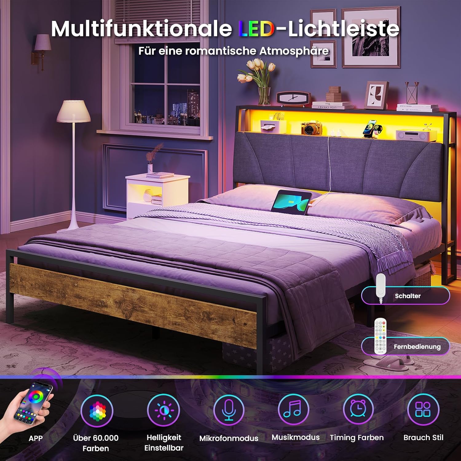 Heavy Duty Metal and Wood Bed Frame with Upholstered Headboard LED Light and Built In Power Outlets Suitable for B2B Bulk Orders