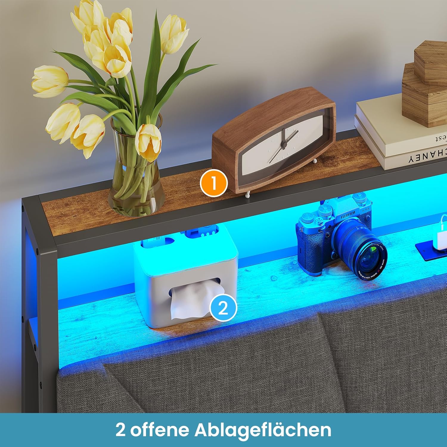 Heavy Duty Metal and Wood Bed Frame with Upholstered Headboard LED Light and Built In Power Outlets Suitable for B2B Bulk Orders