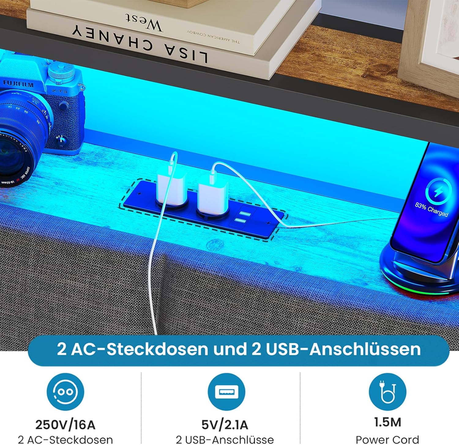 Heavy Duty Metal and Wood Bed Frame with Upholstered Headboard LED Light and Built In Power Outlets Suitable for B2B Bulk Orders