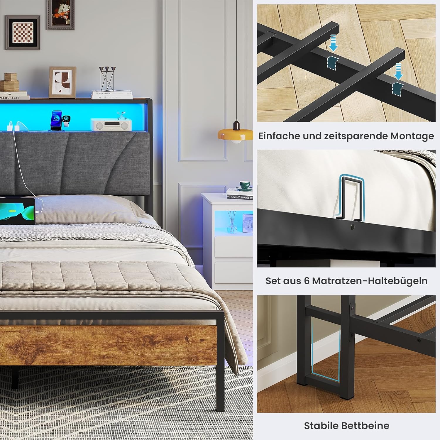 Heavy Duty Metal and Wood Bed Frame with Upholstered Headboard LED Light and Built In Power Outlets Suitable for B2B Bulk Orders