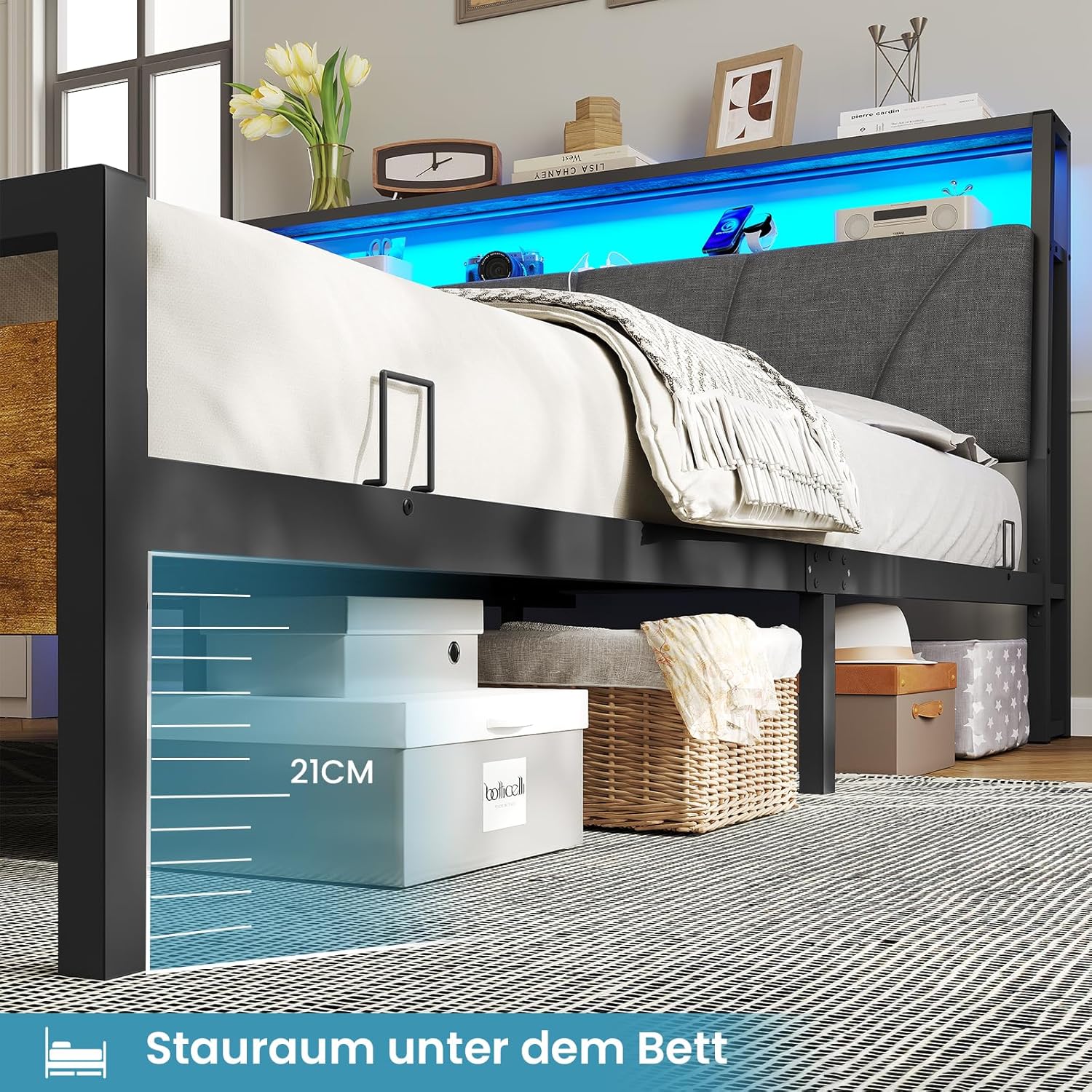 Heavy Duty Metal and Wood Bed Frame with Upholstered Headboard LED Light and Built In Power Outlets Suitable for B2B Bulk Orders