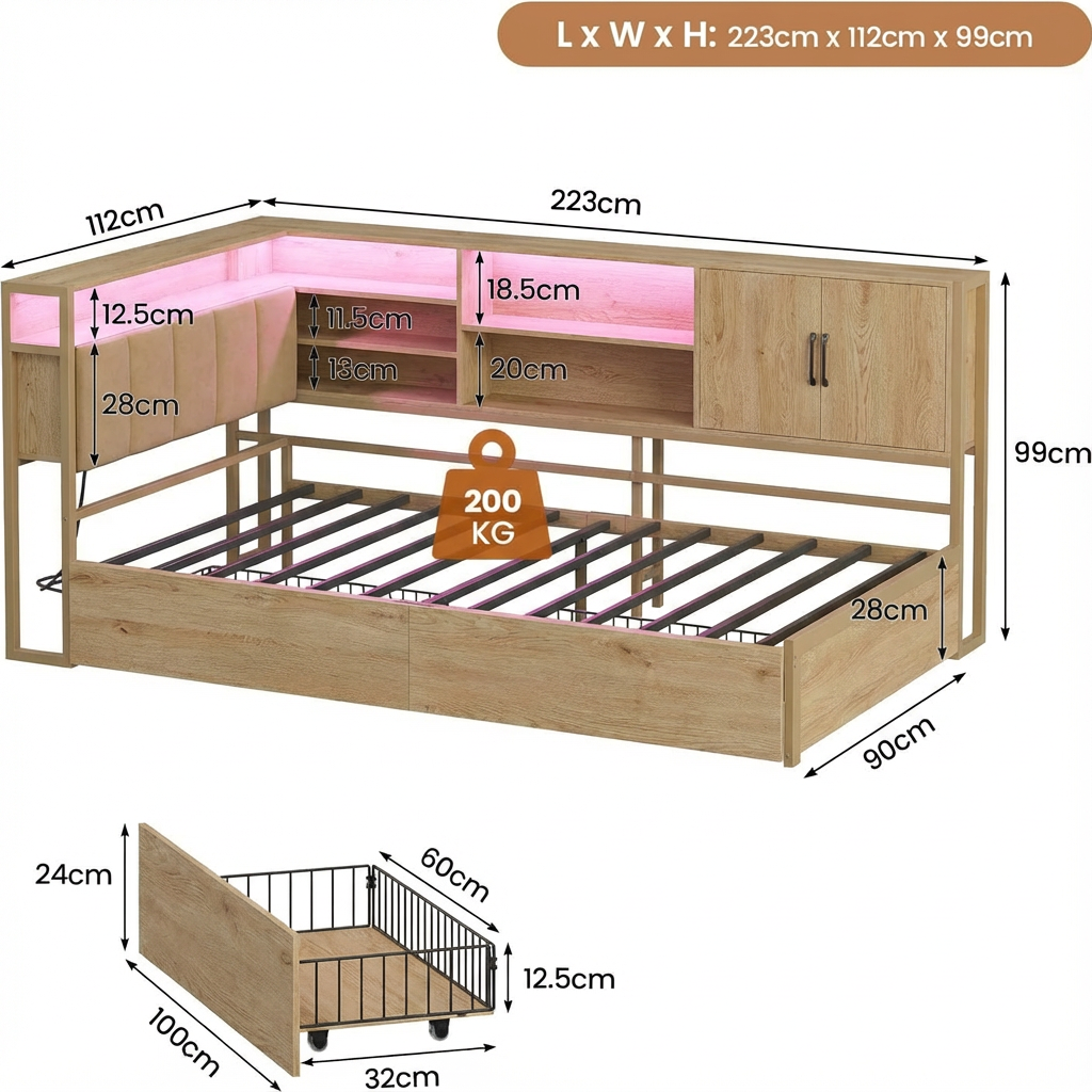 L Shaped Storage Bed Frame with LED Shelves and Rolling Drawer – Heavy Duty Steel Wood Hybrid Platform Bed for OEM ODM Bulk Orders