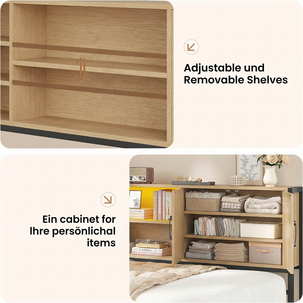 L Shaped Storage Bed Frame with LED Shelves and Rolling Drawer – Heavy Duty Steel Wood Hybrid Platform Bed for OEM ODM Bulk Orders