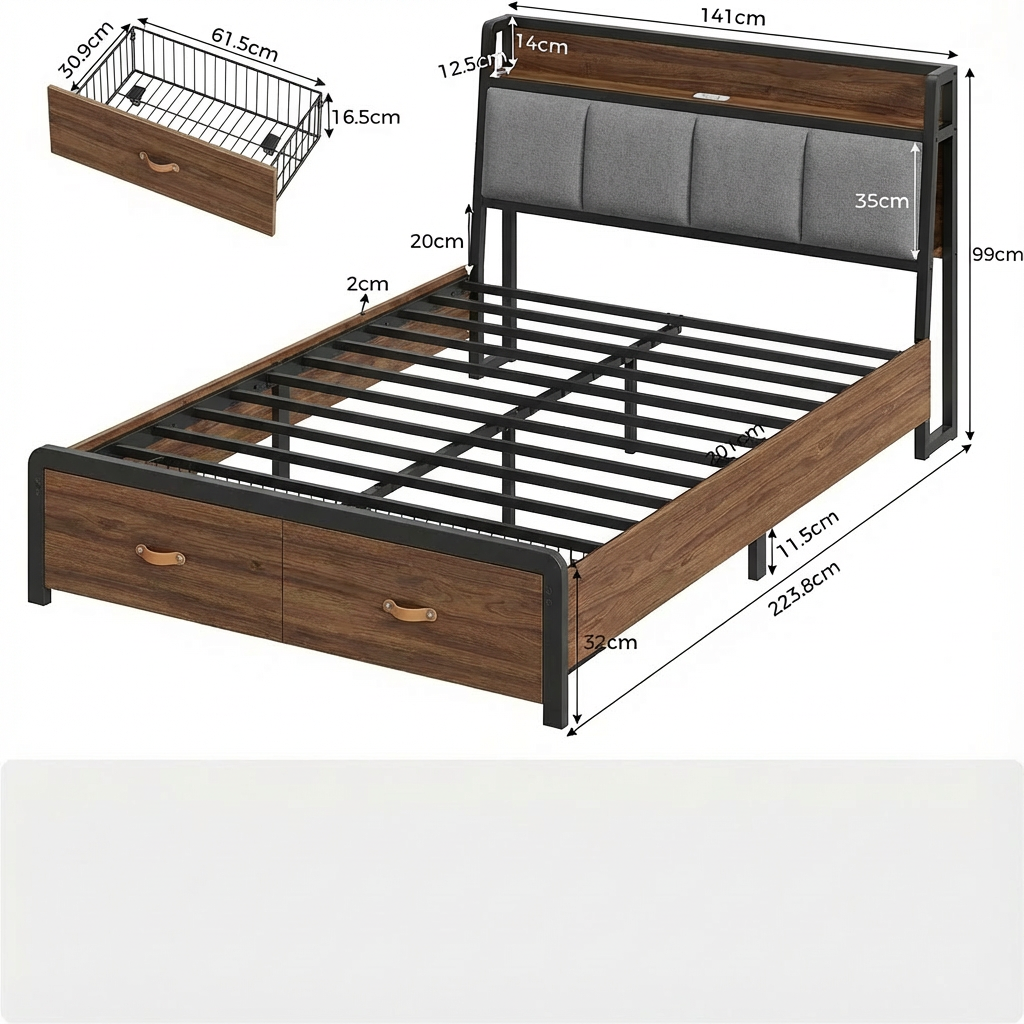 Black Metal Full Bed Frame with Upholstered Headboard