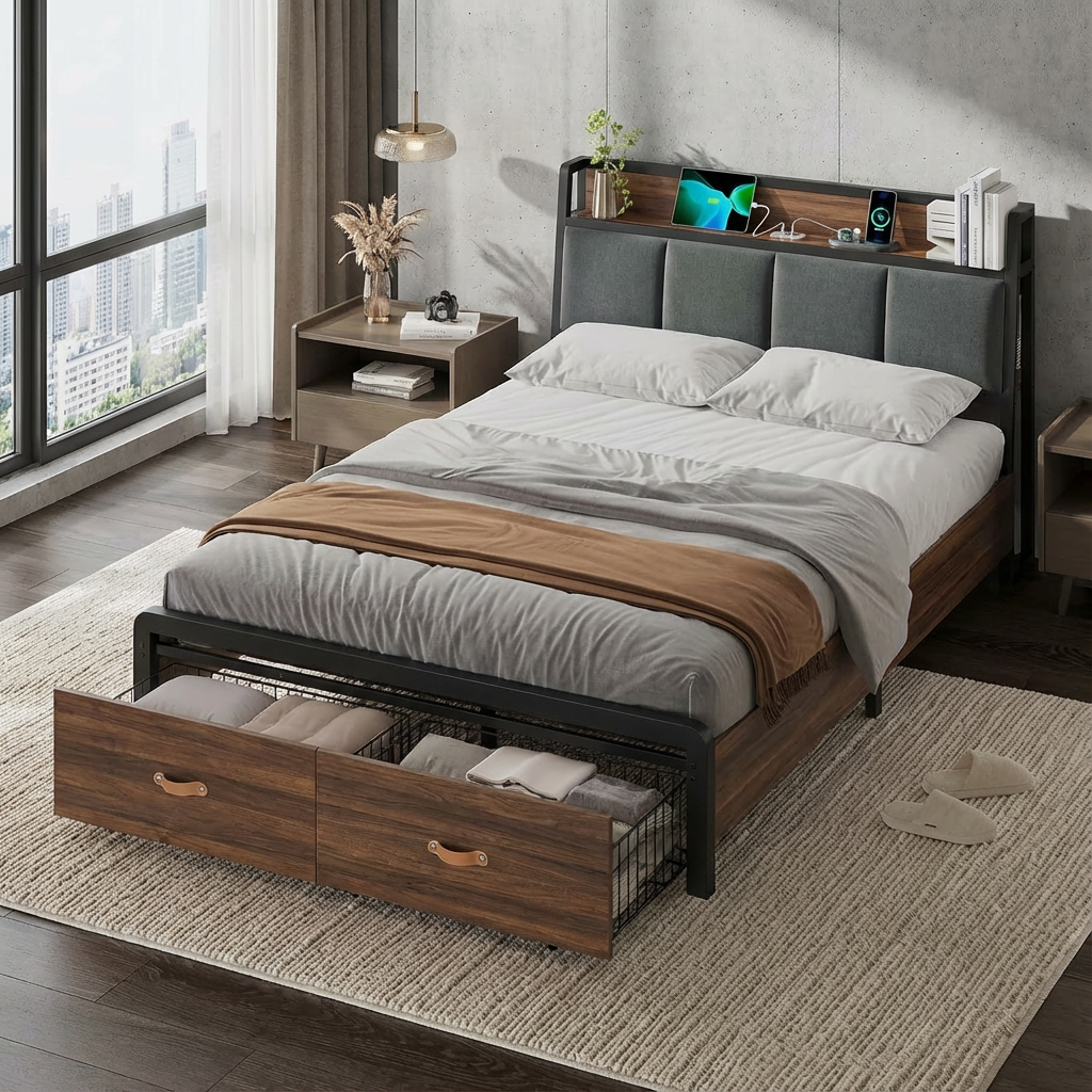 Black Metal Full Bed Frame with Upholstered Headboard