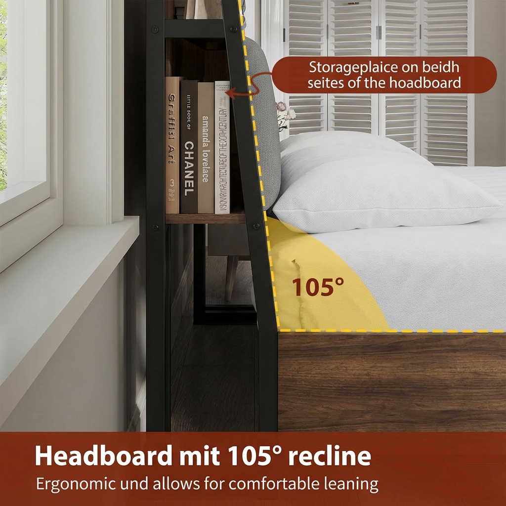 Black Metal Full Bed Frame with Upholstered Headboard