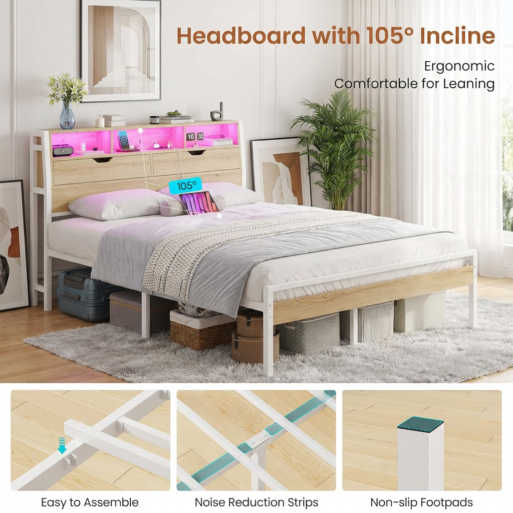 Struttura letto in metallo e legno con testiera contenitore a LED