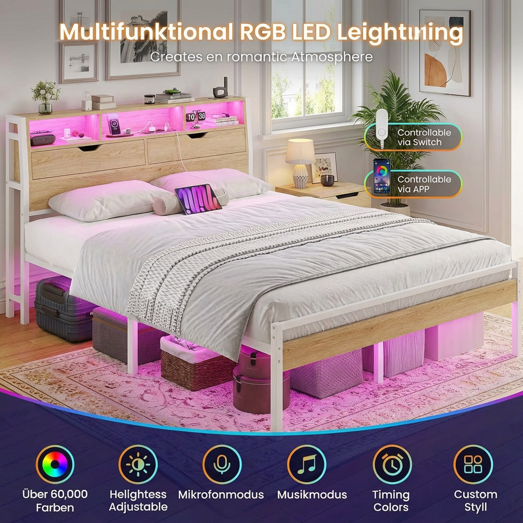 Metal Wood Bed Frame with LED Storage Headboard