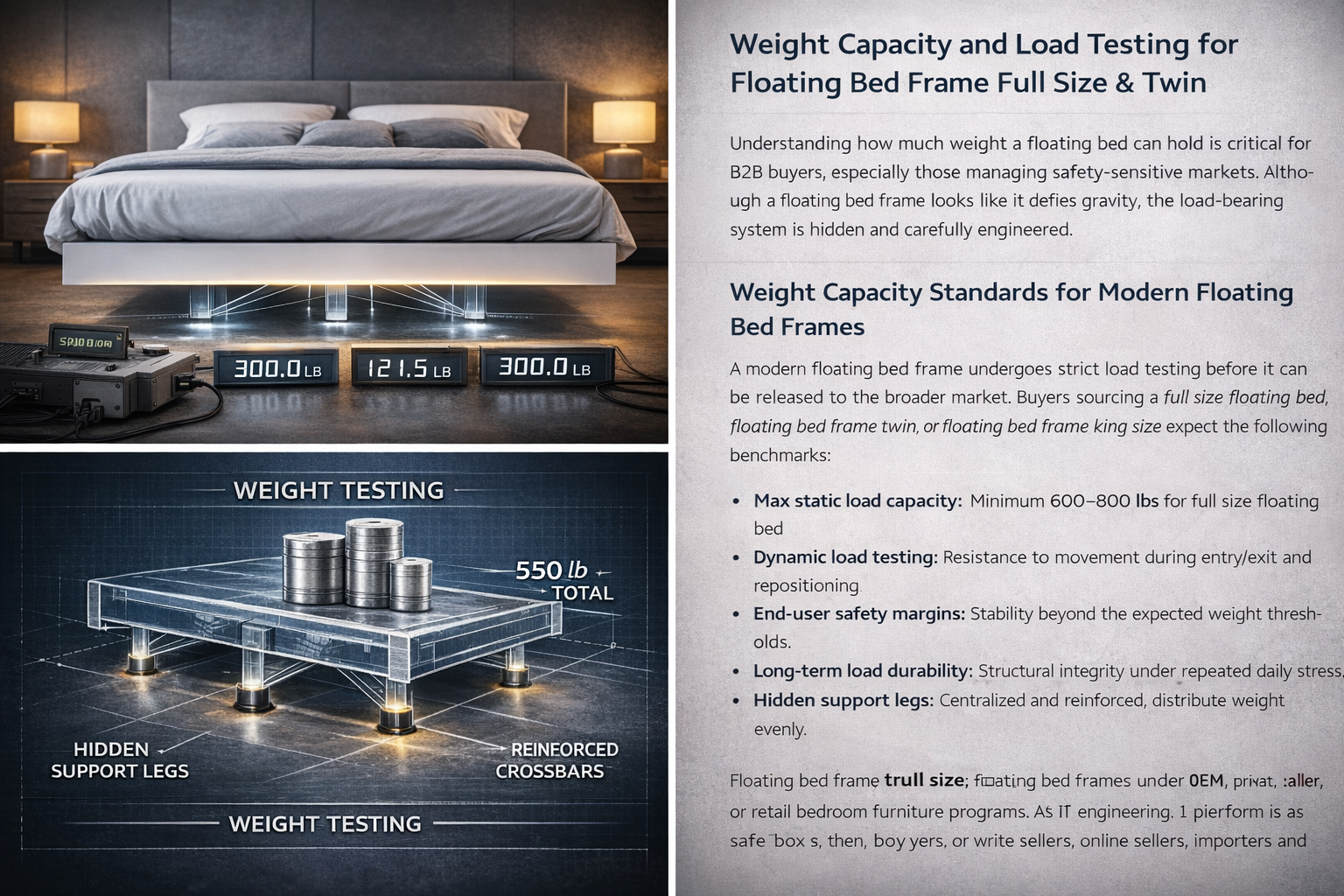Informații despre capacitatea de greutate pentru un cadru de pat plutitor, de dimensiuni normale până la twin, cu LED-uri plutitoare moderne