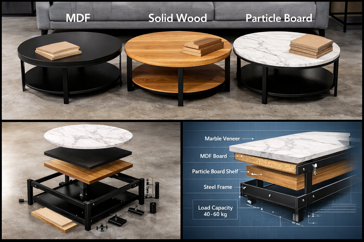 دليل مواد طاولات القهوة: طاولات قهوة عصرية، دائرية، سوداء ورخامية