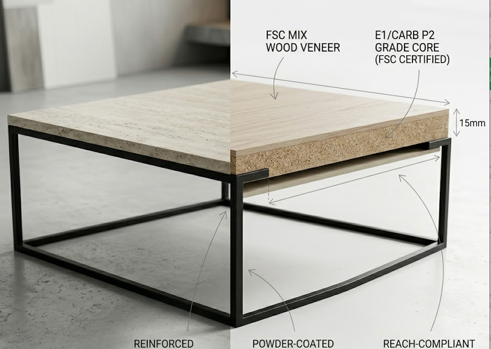 सफेद कॉफी टेबल, वर्गाकार और अंडाकार कॉफी टेबल, FSC और REACH गाइड 2026 के अनुरूप हैं।