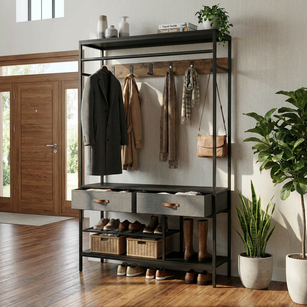 Industrial Metal Shoe Rack & Entryway Coat Tree