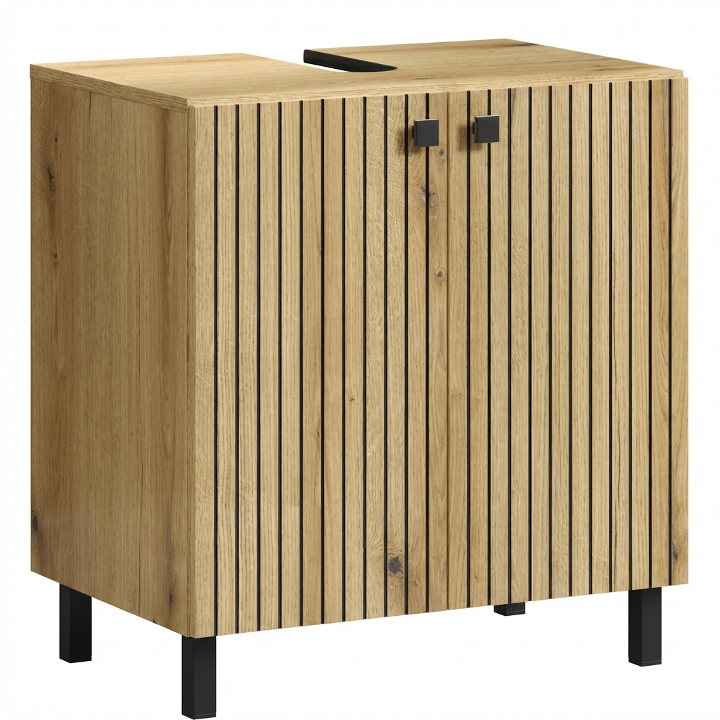 Modernong Nakatayo sa Sahig na Slatted Wood Sink Vanity Unit