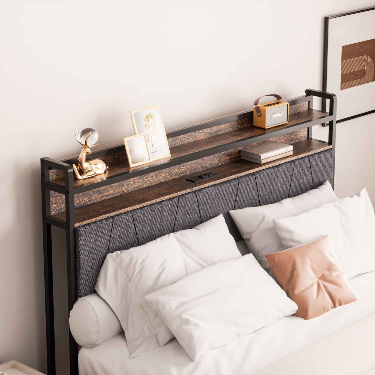 Modernong Corner Bed Frame na may Storage at Tech Headboard