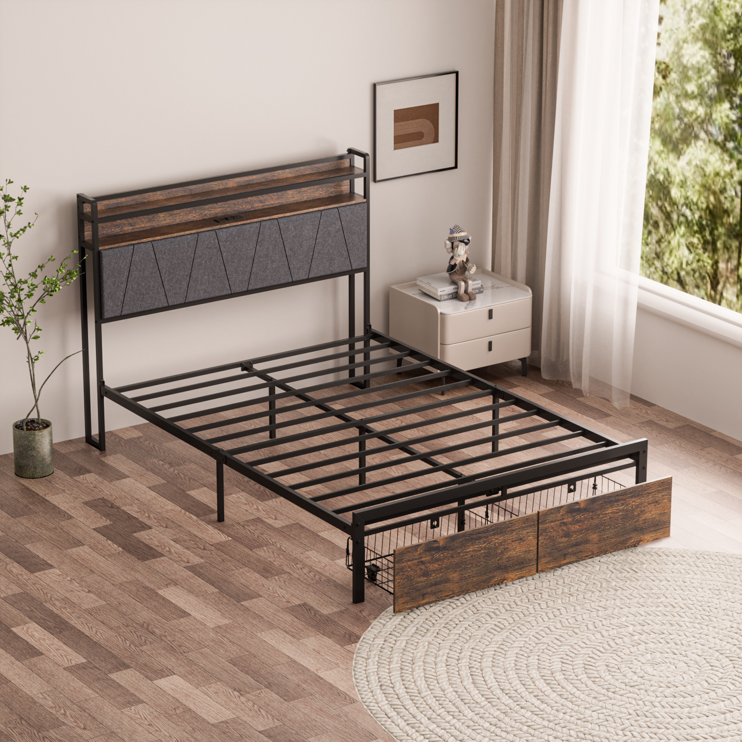 Modernong Corner Bed Frame na may Storage at Tech Headboard