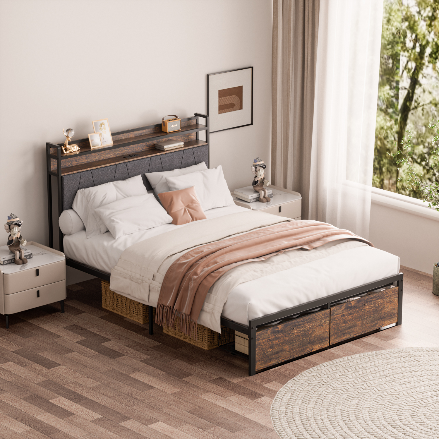 Modernong Corner Bed Frame na may Storage at Tech Headboard
