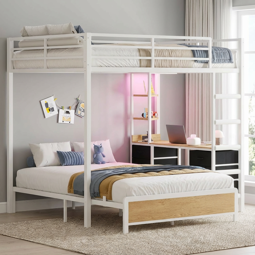 Modernong L-Shaped Loft Bunk Bed na may Mesa at Imbakan